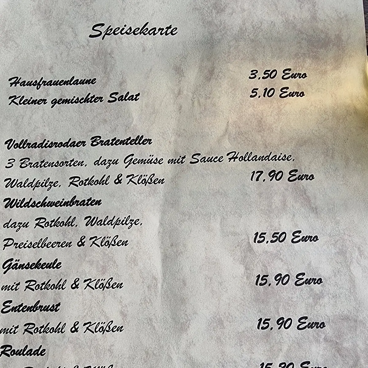 Speisekarte, Gaststätte Zu den vier Linden