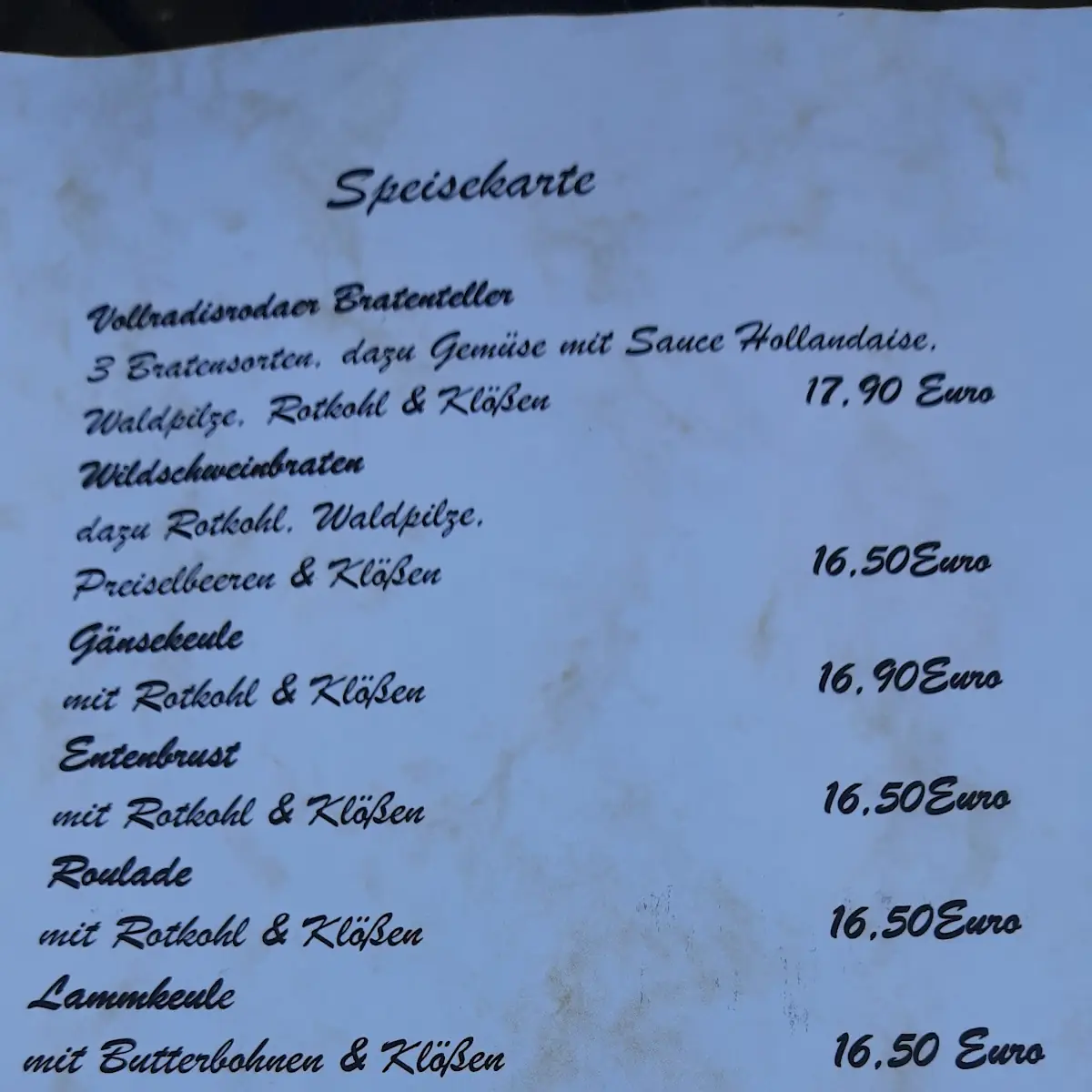 Speisekarte, Gaststätte Zu den vier Linden