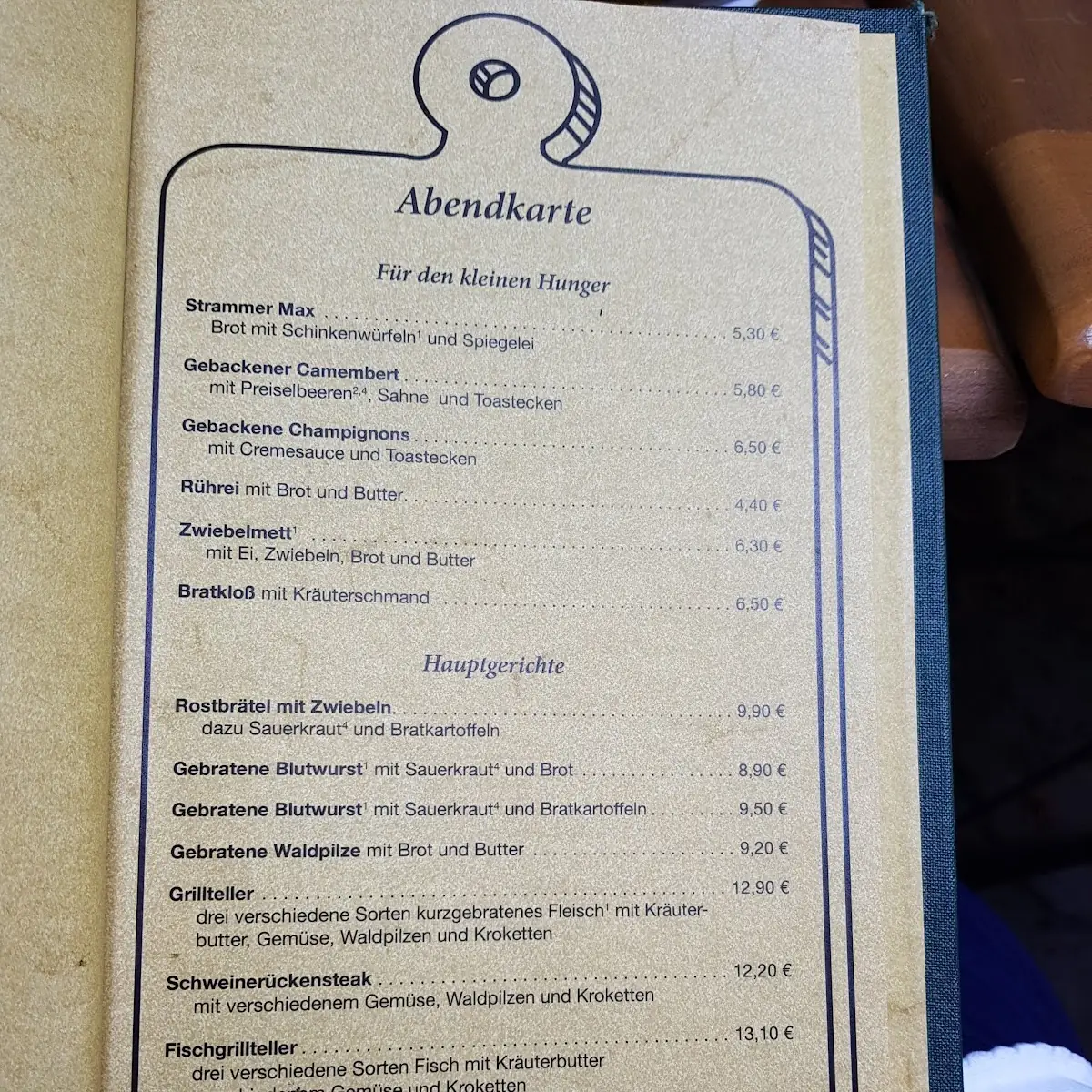 Speisekarte, Gaststätte Zu den vier Linden
