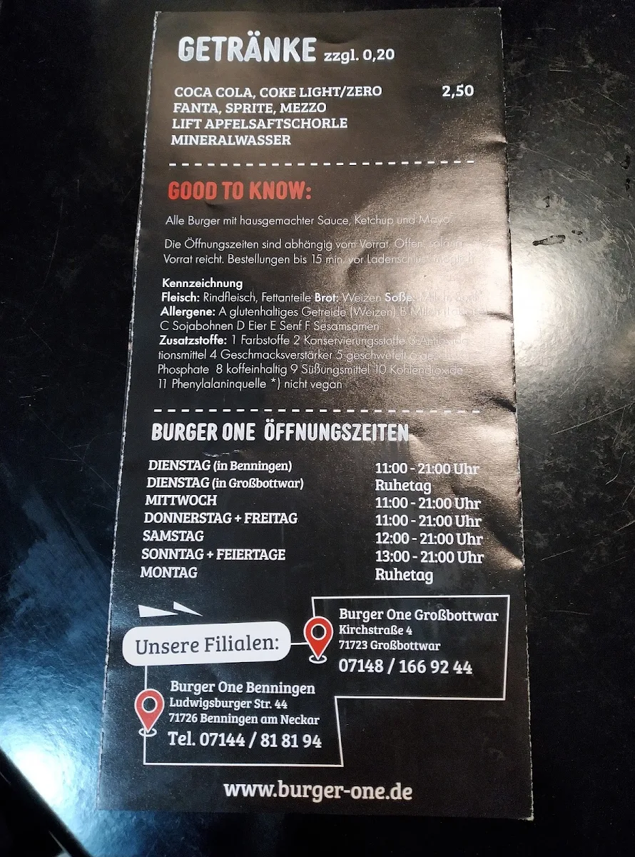 Speisekarte, Burger One