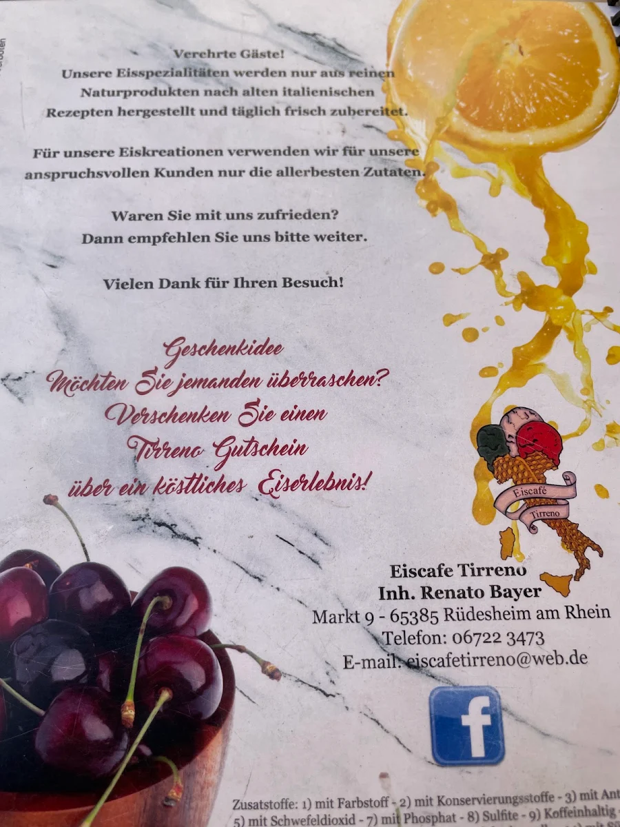 Speisekarte, Eiscafé Tirreno
