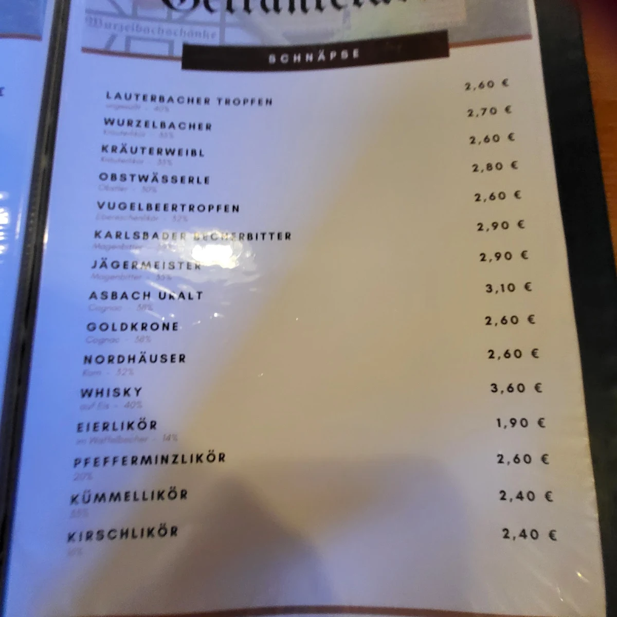 Speisekarte, Wurzelbachschänke