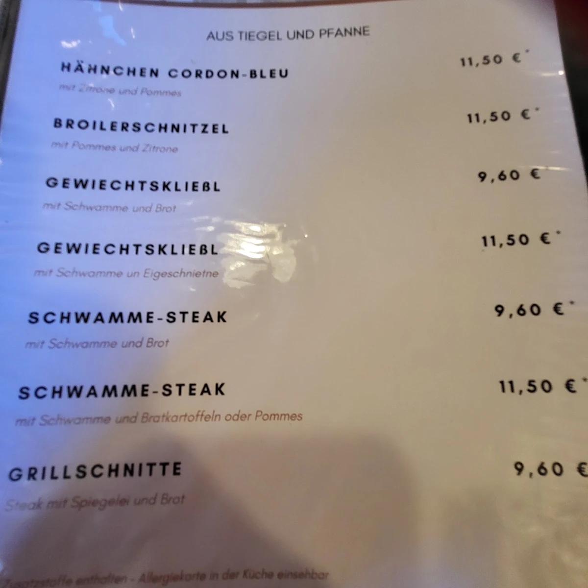 Speisekarte, Wurzelbachschänke
