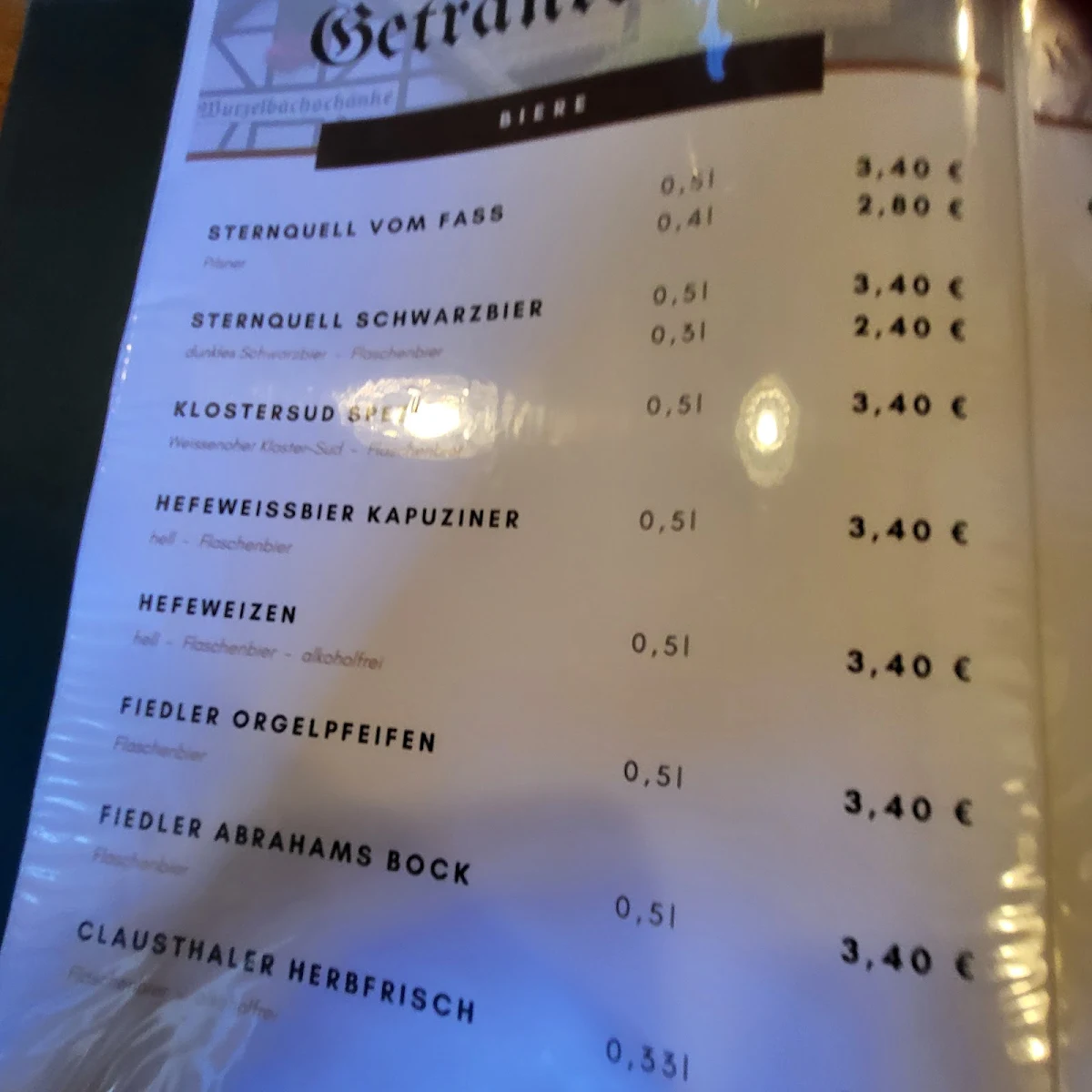 Speisekarte, Wurzelbachschänke