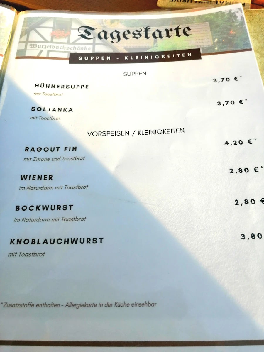 Speisekarte, Wurzelbachschänke