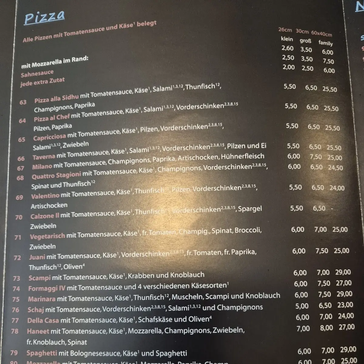 Speisekarte, Pizzeria Rustica