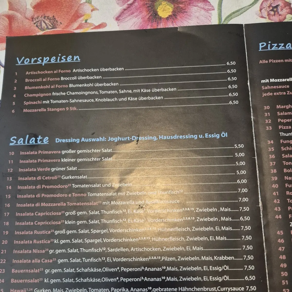 Speisekarte, Pizzeria Rustica