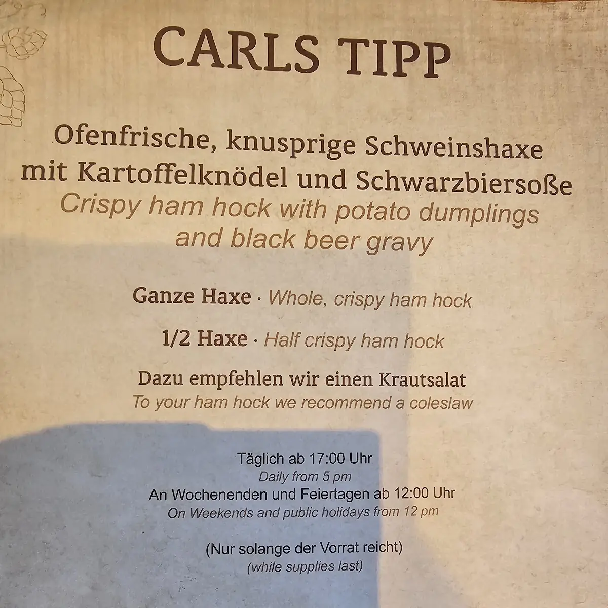 Speisekarte, Carls Brauhaus