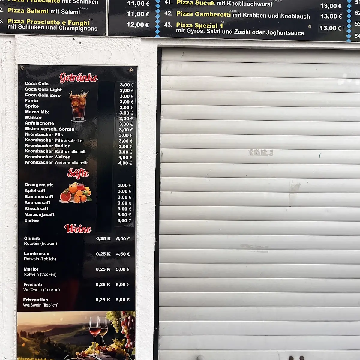Speisekarte, Pizzeria