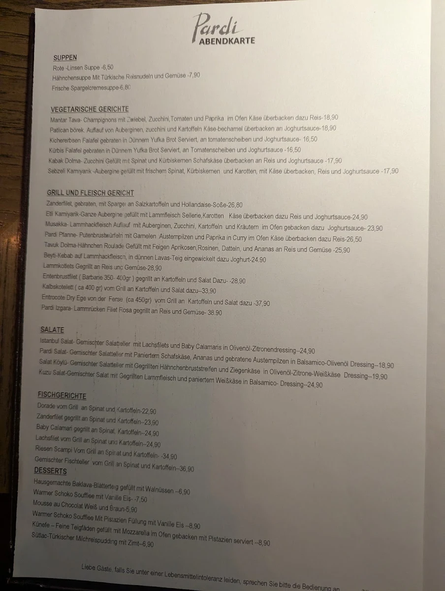 Speisekarte, Pardi