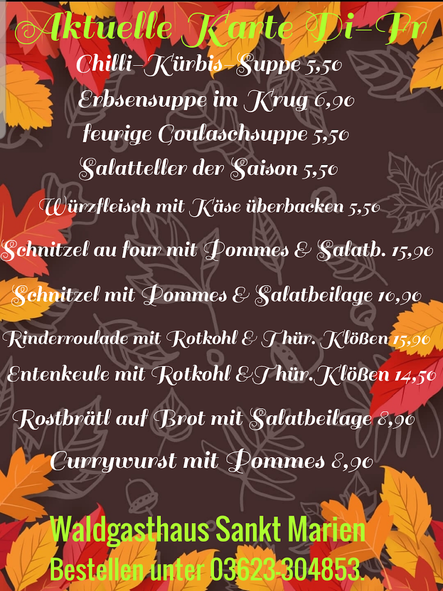 Speisekarte, Waldgasthaus "Sankt Marien"