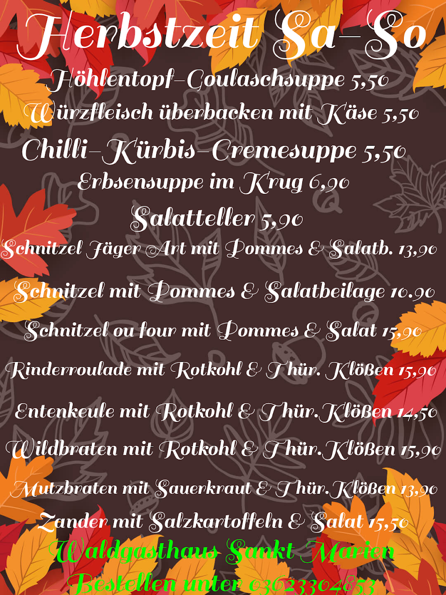 Speisekarte, Waldgasthaus "Sankt Marien"