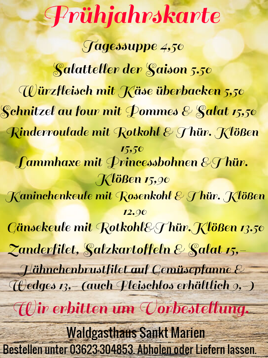 Speisekarte, Waldgasthaus "Sankt Marien"