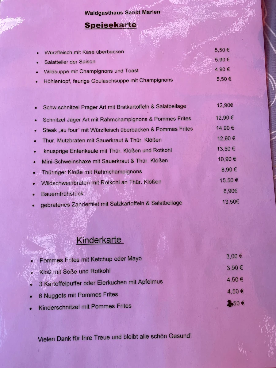 Speisekarte, Waldgasthaus "Sankt Marien"