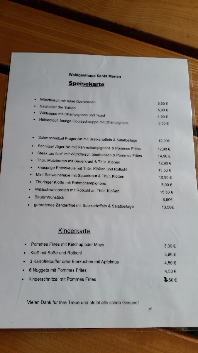 Speisekarte, Waldgasthaus "Sankt Marien"