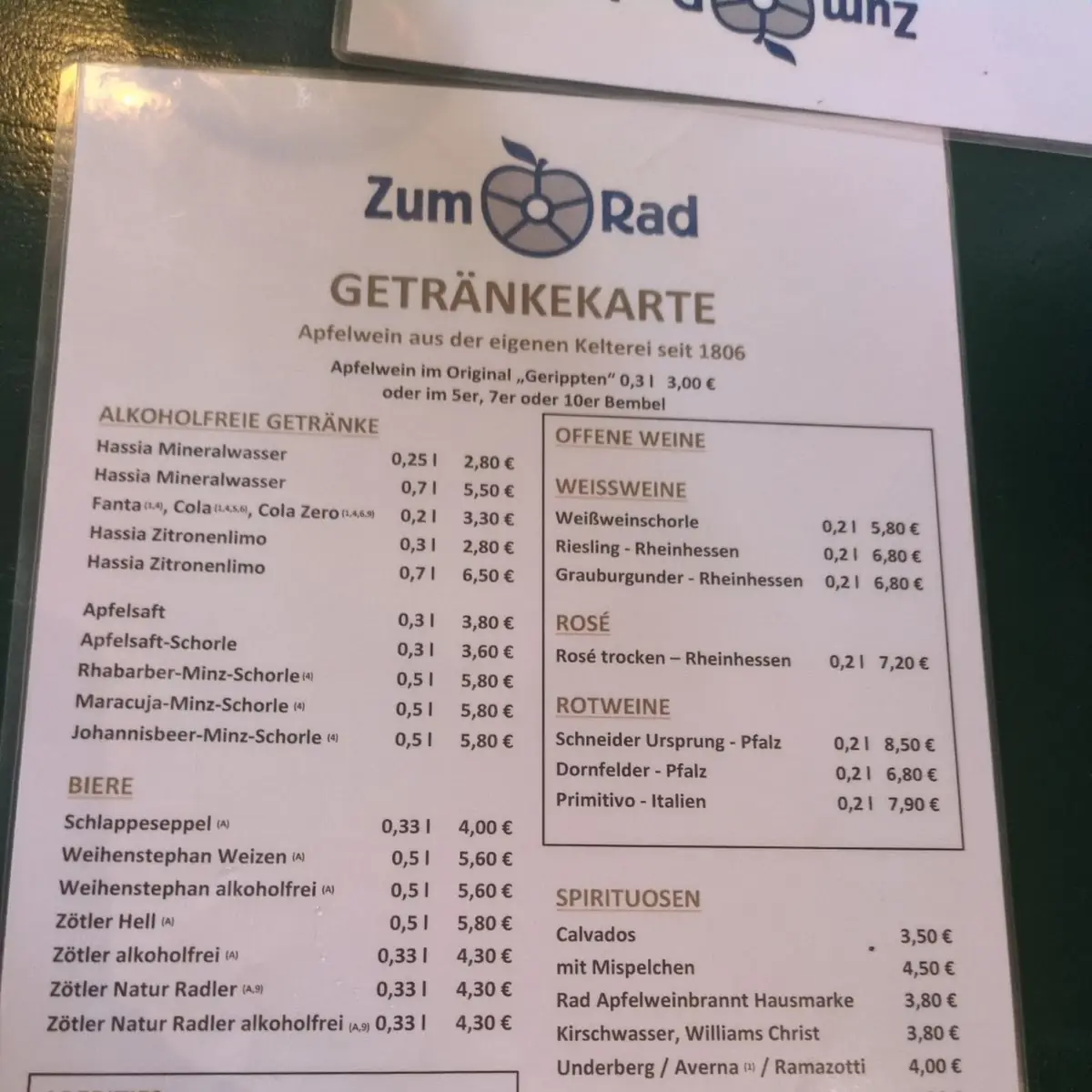 Speisekarte, Zum Rad