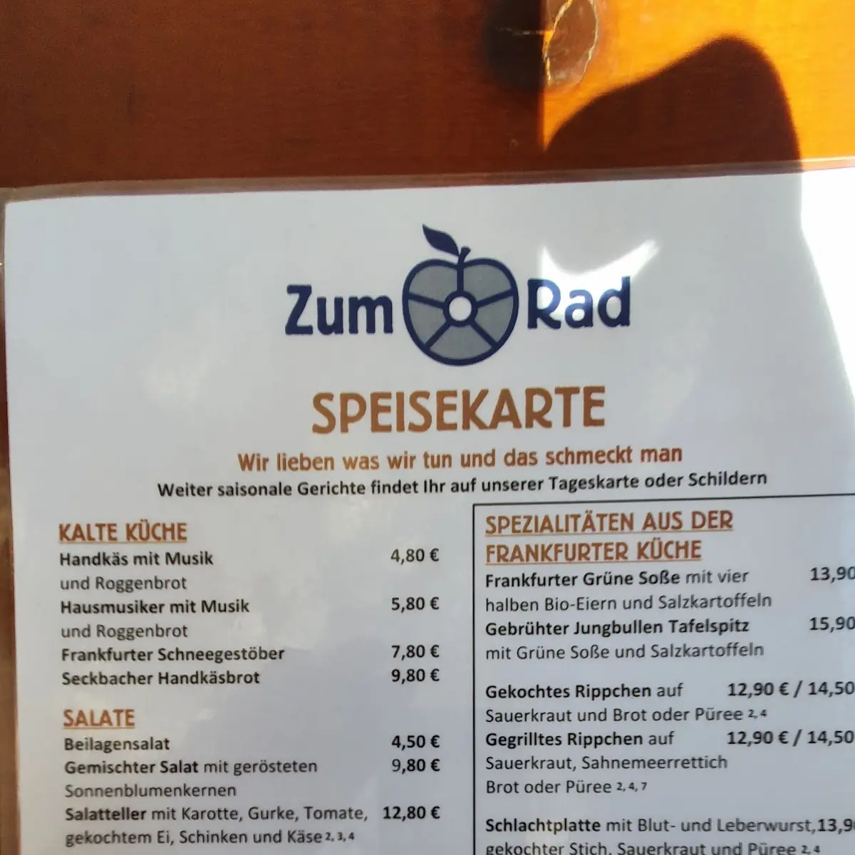 Speisekarte, Zum Rad