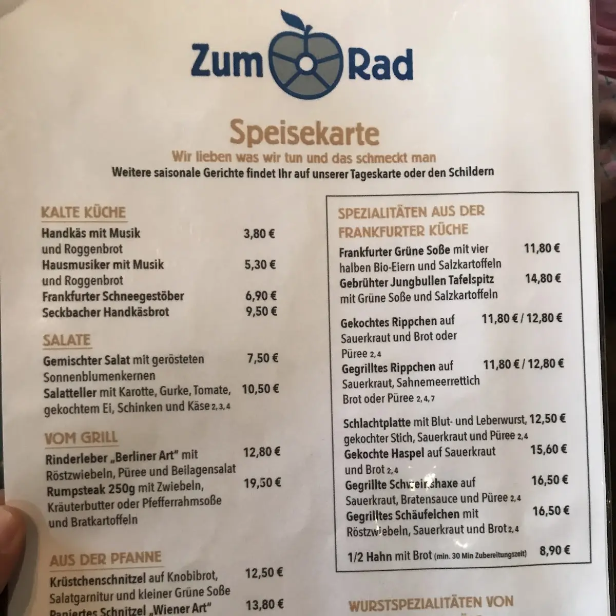 Speisekarte, Zum Rad