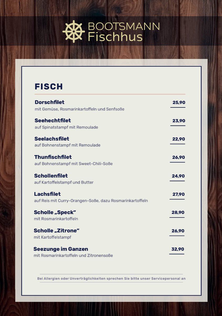 Speisekarte, Bootsmann Fischhus