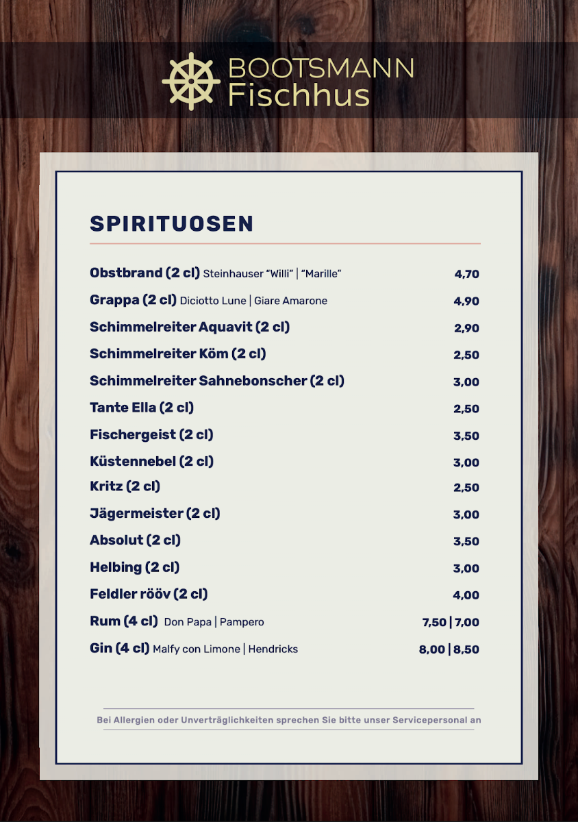 Speisekarte, Bootsmann Fischhus