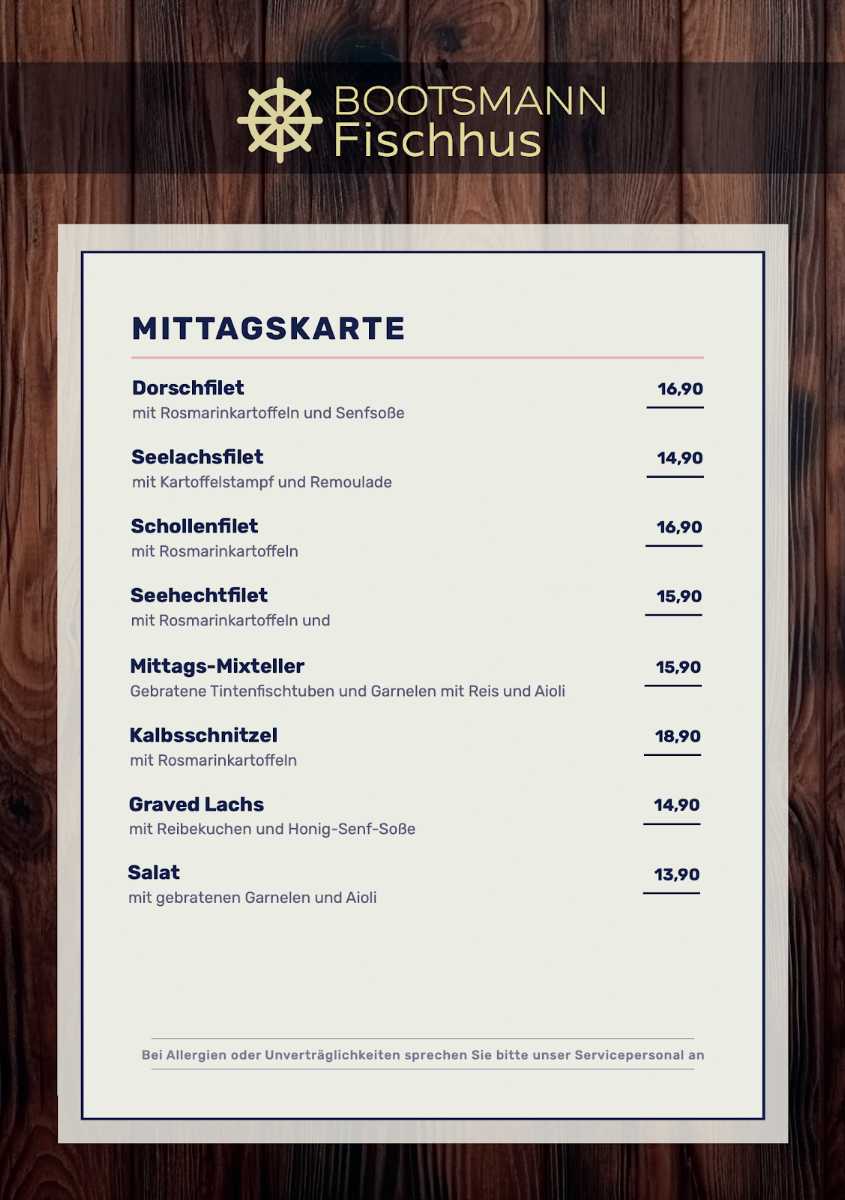 Speisekarte, Bootsmann Fischhus