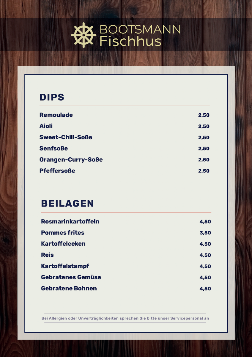 Speisekarte, Bootsmann Fischhus
