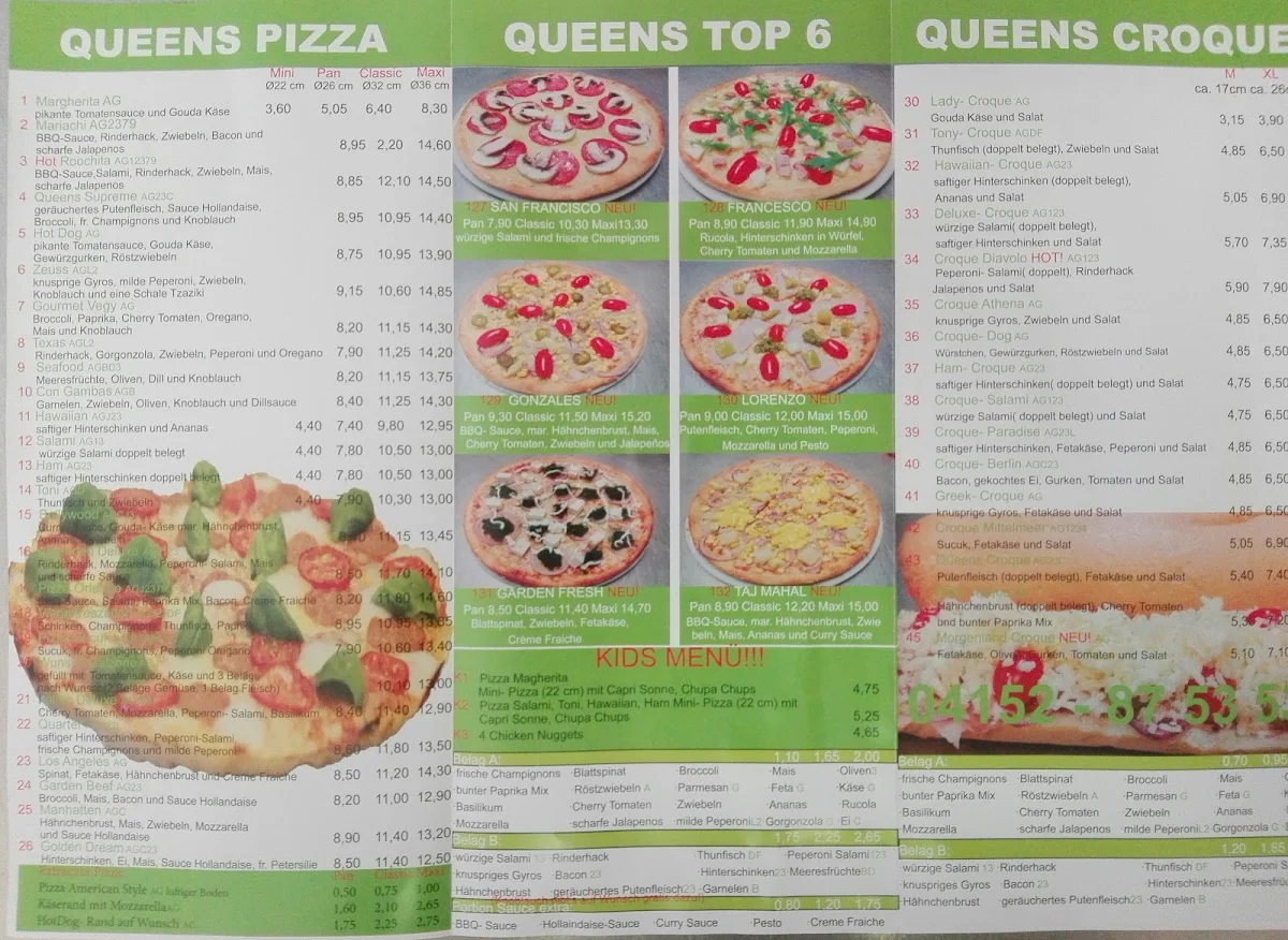 Speisekarte, Queens Pizza