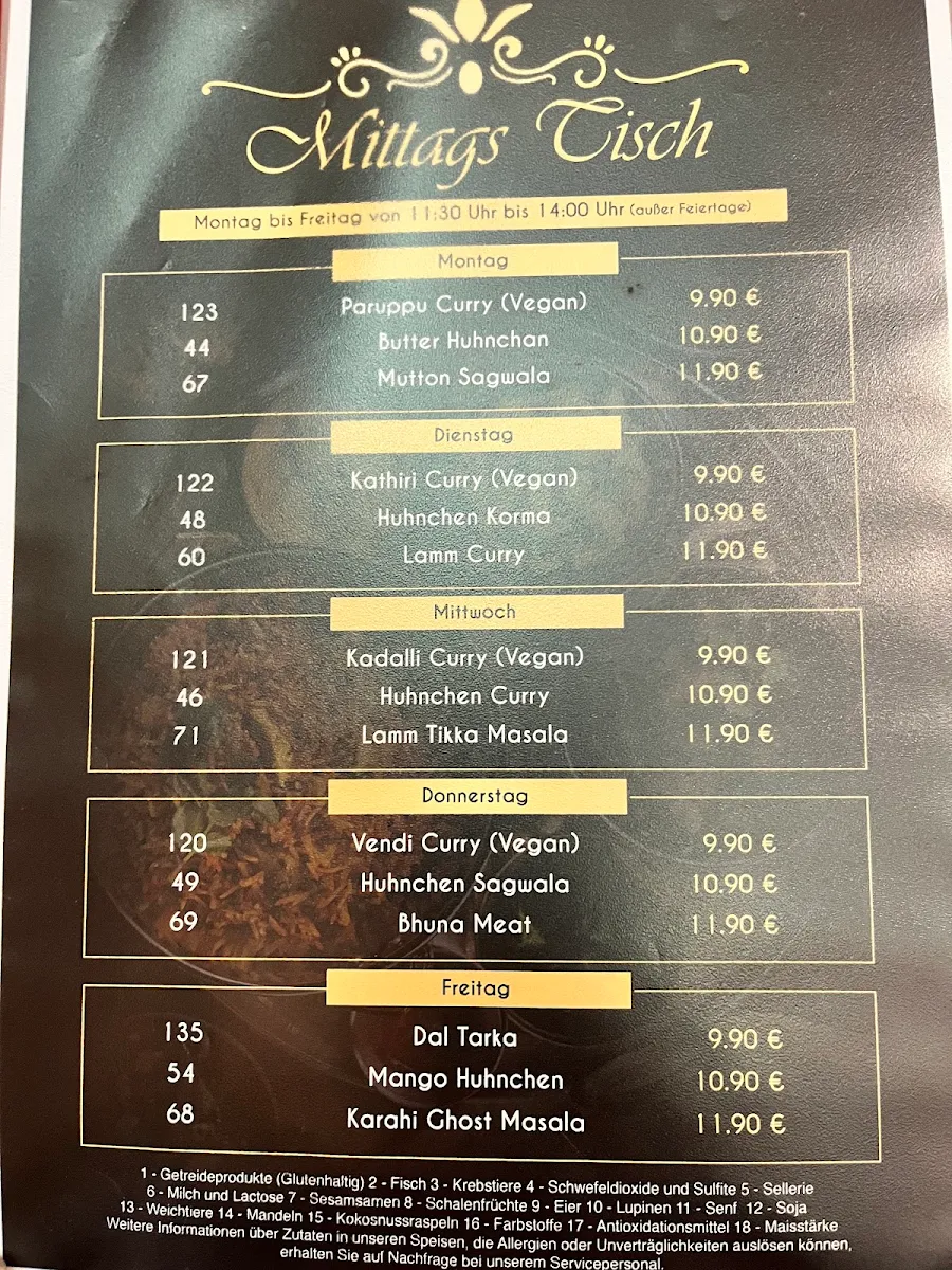 Speisekarte, Indisches Indian Restaurant Vinayaga - Stuttgart