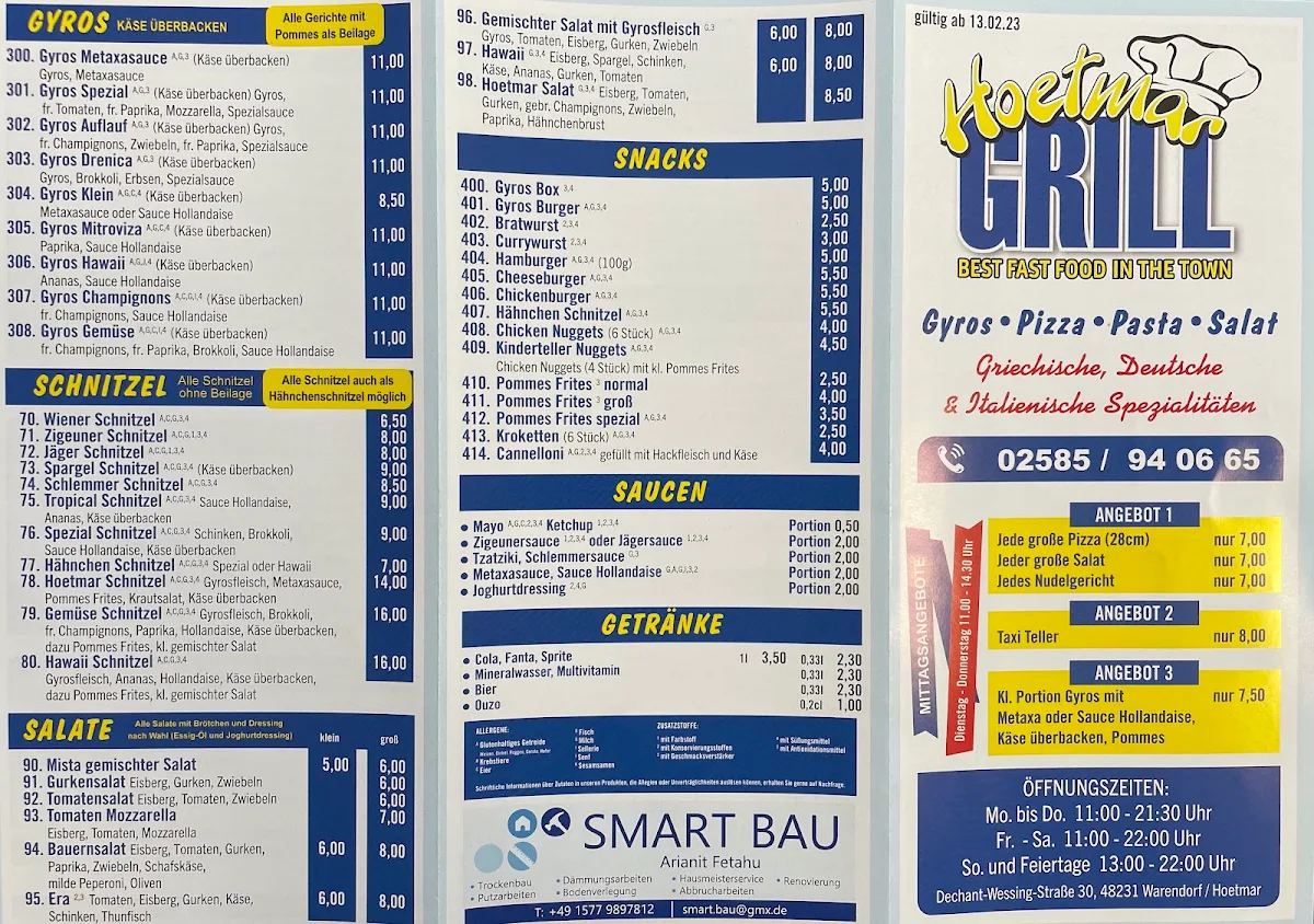 Speisekarte, Hoetmar Grill