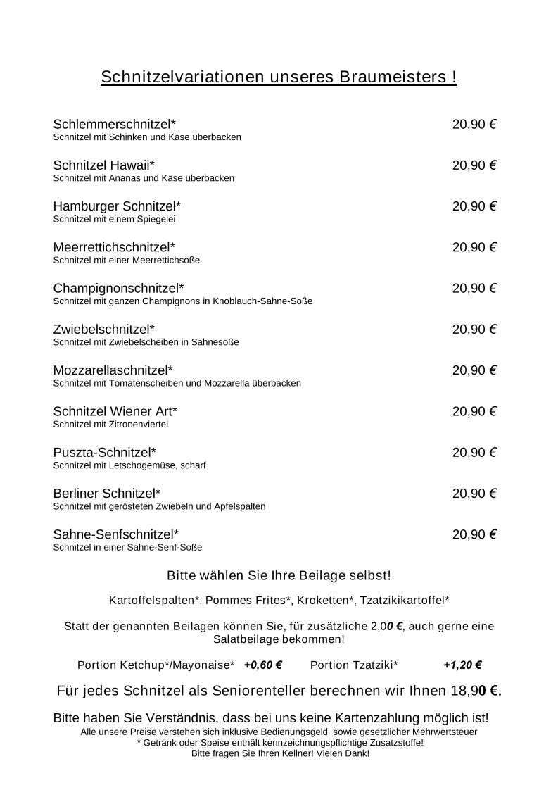 Speisekarte, Gasthaus Zum Alten Brauhaus