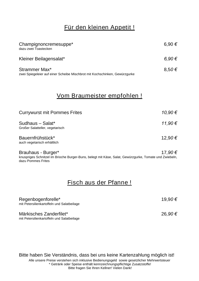 Speisekarte, Gasthaus Zum Alten Brauhaus