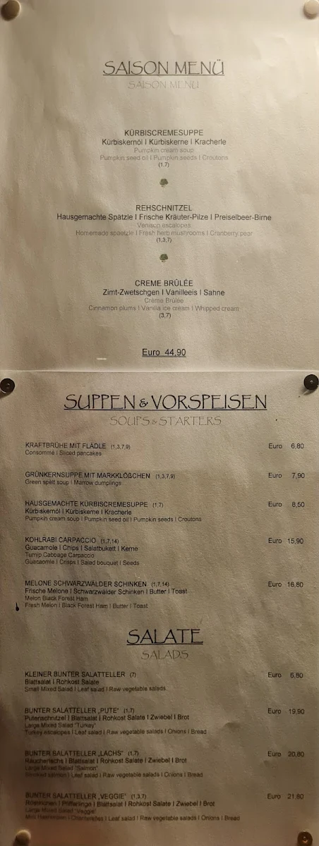Speisekarte, Gasthaus Staude Triberg