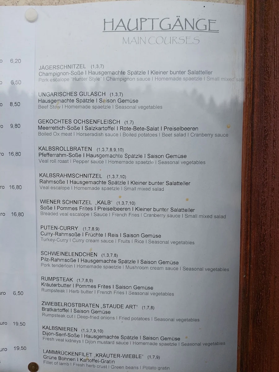 Speisekarte, Gasthaus Staude Triberg
