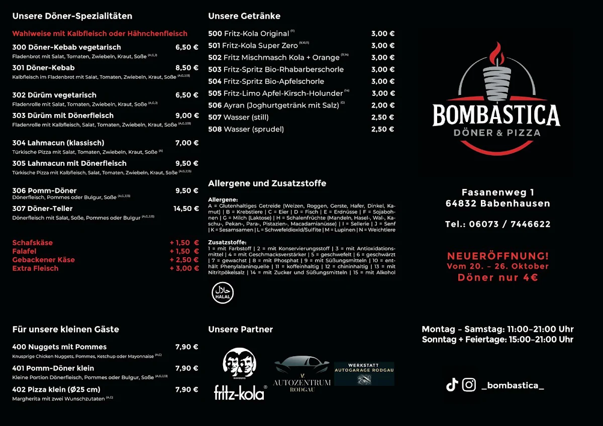 Speisekarte, Bombastica Döner & Pizza