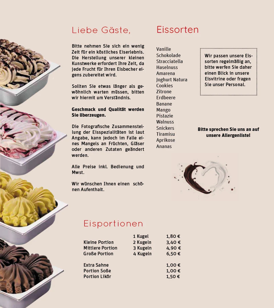 Speisekarte, Eiscafé BRUNO Gelato