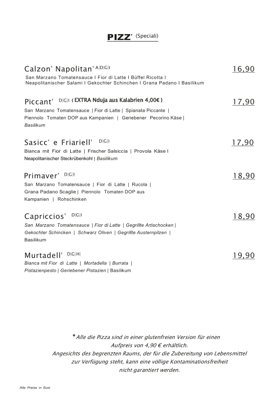 Speisekarte, Partenopeo Caffé & Bistrot