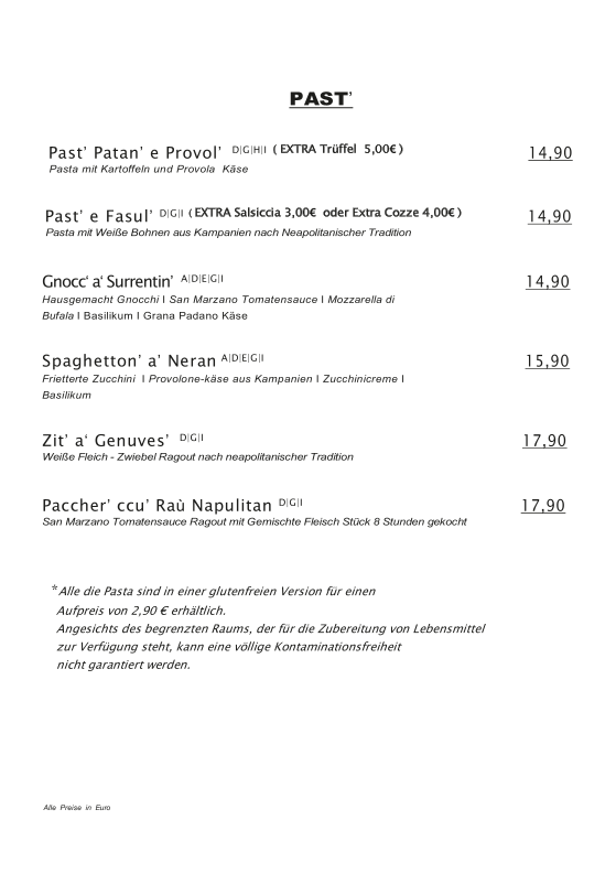 Speisekarte, Partenopeo Caffé & Bistrot