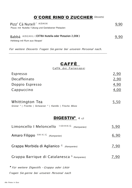 Speisekarte, Partenopeo Caffé & Bistrot