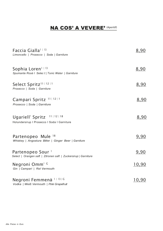 Speisekarte, Partenopeo Caffé & Bistrot