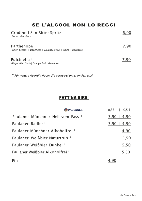 Speisekarte, Partenopeo Caffé & Bistrot