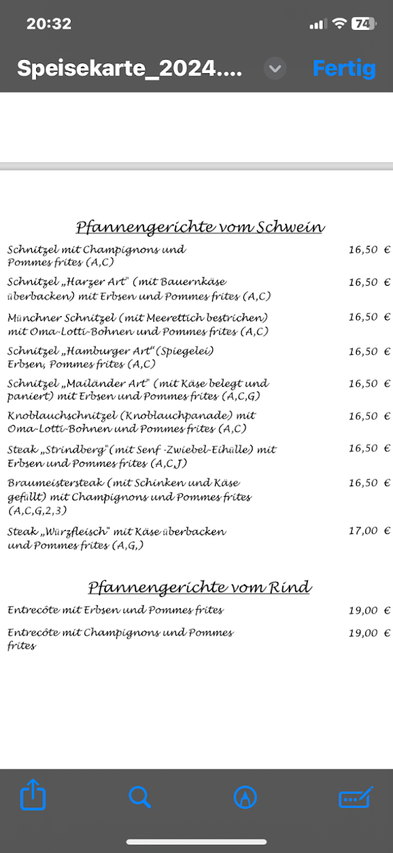 Speisekarte, Gaststätte zum Nußbaum