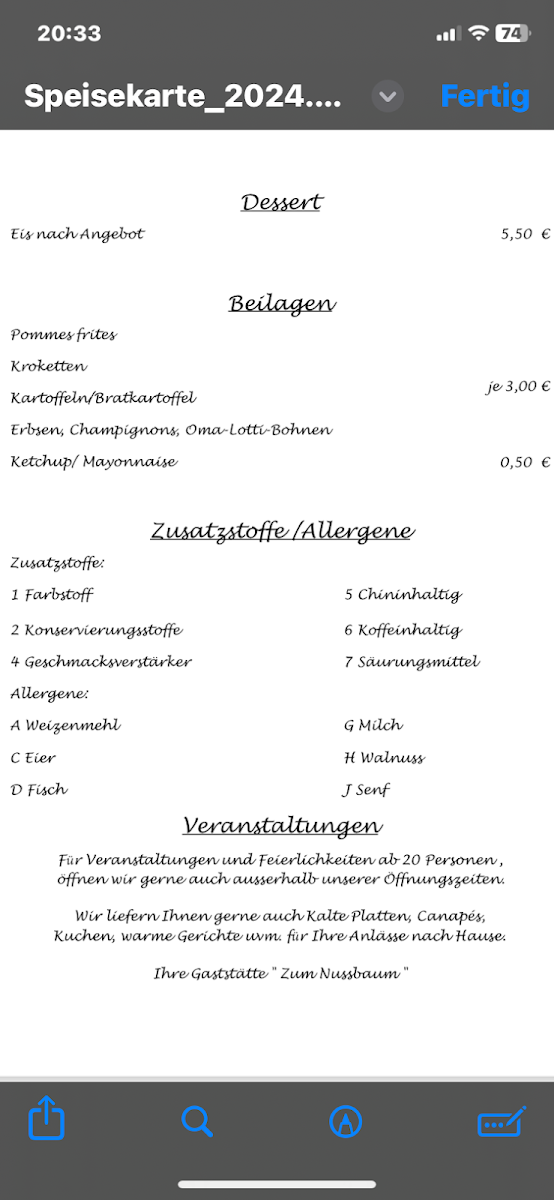 Speisekarte, Gaststätte zum Nußbaum