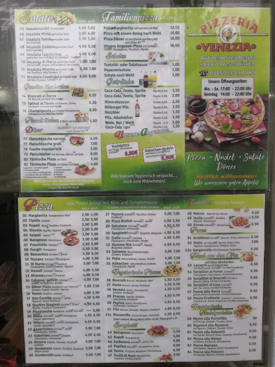 Speisekarte, Pizzeria Venezia