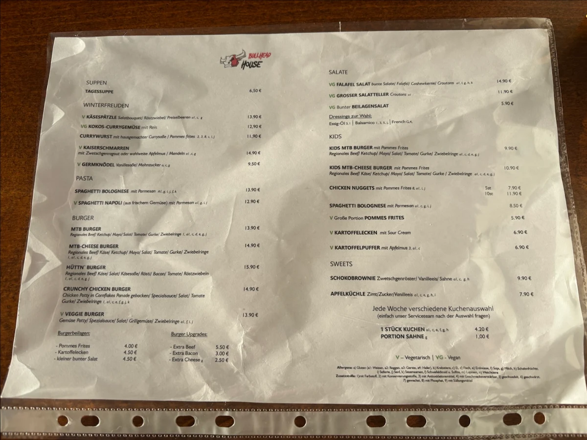 Speisekarte, Restaurant Bullhead House