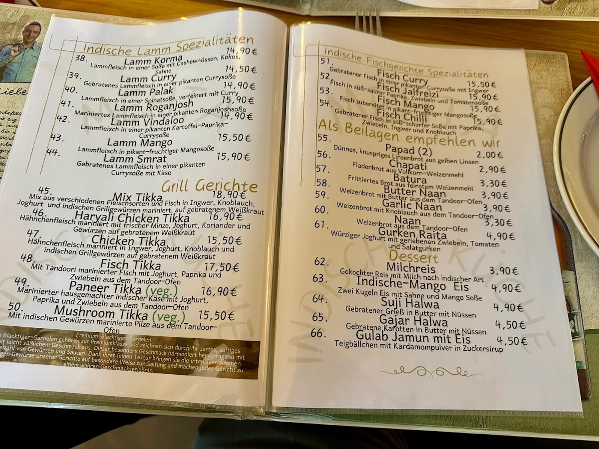 Speisekarte, Gasthaus mit Indischen Spezialitäten
