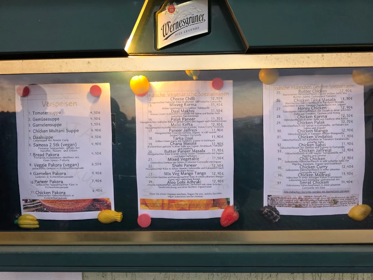 Speisekarte, Gasthaus mit Indischen Spezialitäten