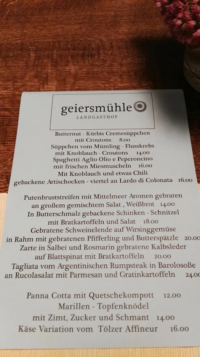 Speisekarte, Landgasthof Geiersmühle