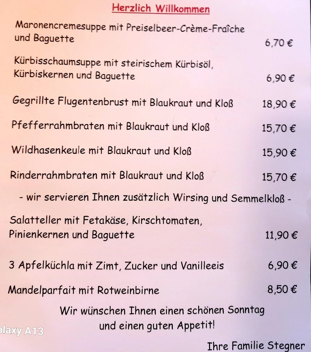 Speisekarte, STEGNER'S Restaurant & Landbiergarten