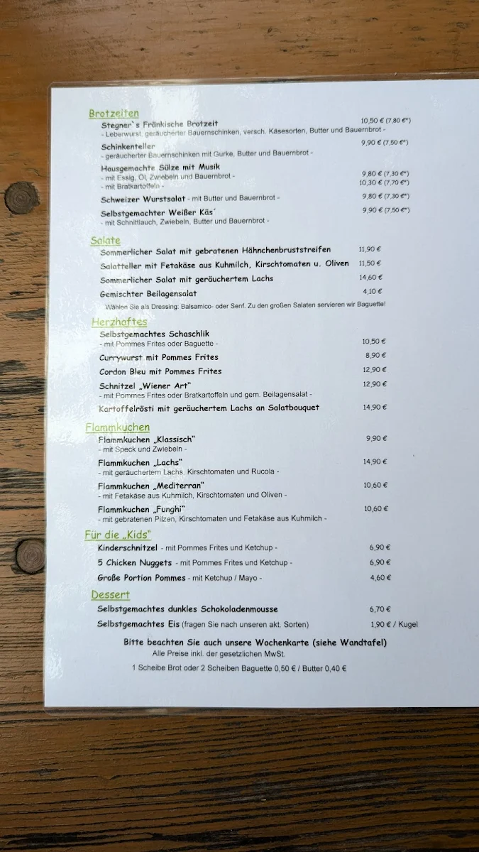Speisekarte, STEGNER'S Restaurant & Landbiergarten
