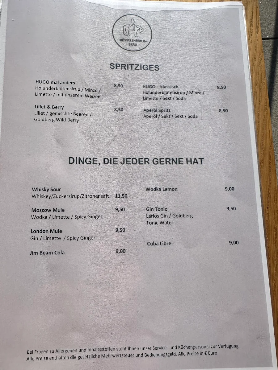 Speisekarte, Rüsselsheimer Bräu